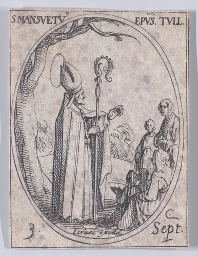 S. Mansuet, évêque (St. Mansuetus, Bishop), September 3rd, from "Les Images De Tous Les Saincts et Saintes de L'Année" (Images of All of the Saints and Religious Events of the Year) by Jacques Callot, print, 1636