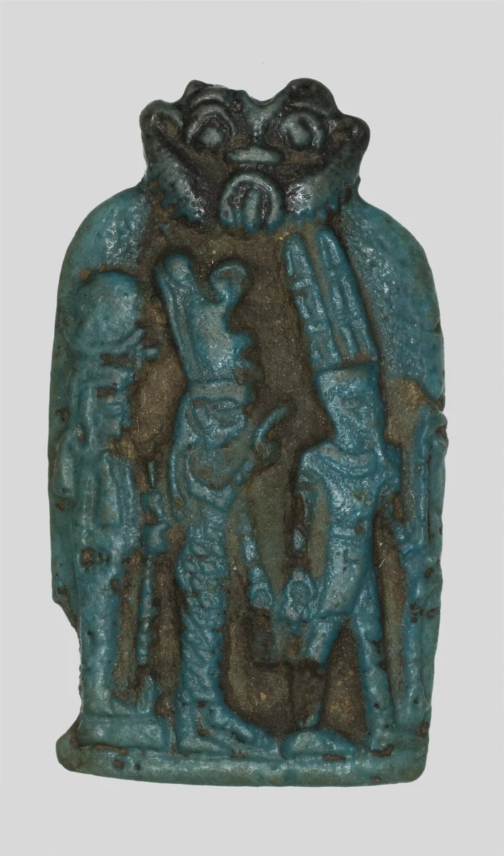 Amulet of the Theban Triad, Amun, Mut, and Khonsu by Egyptian, metalwork, -664--332