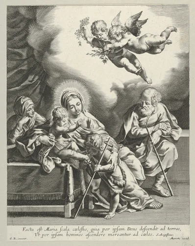The Holy Family with young John the Baptist and Saint Elizabeth, two angels above, after Reni by anonymous, print, 1595-1645