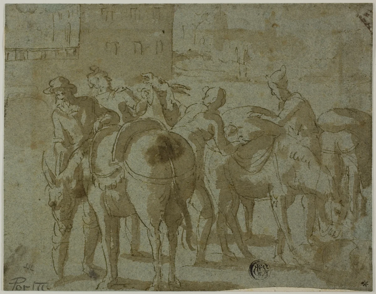 Muleteers and Mules by Giovanni Guerra, drawing, 1564-1618
