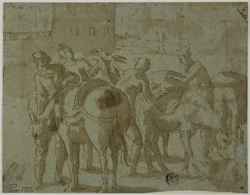 Muleteers and Mules by Giovanni Guerra, drawing, 1564-1618