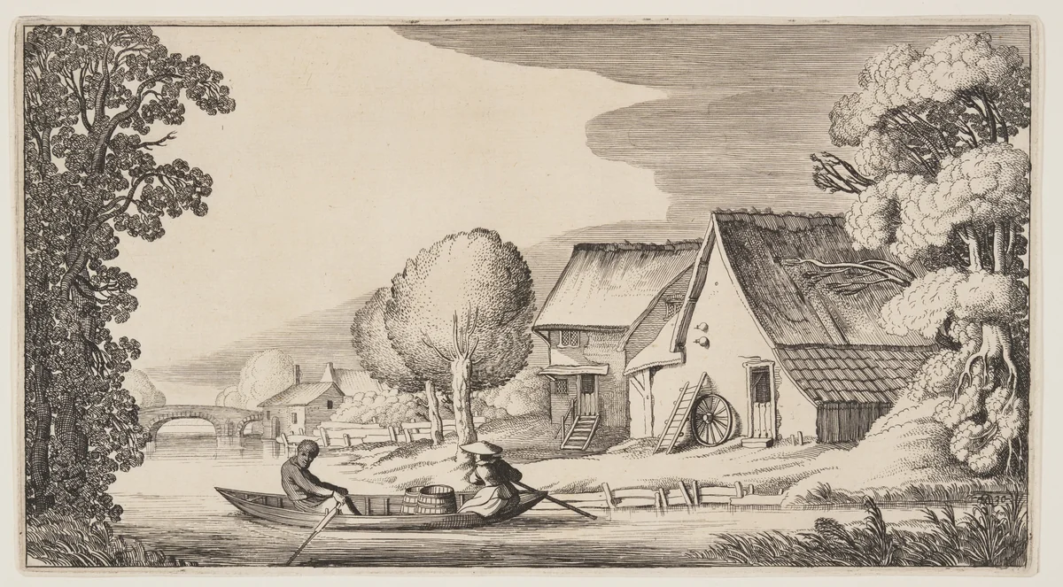 Farmer and Woman Farmer in a Row-Boat, from Landscapes (Playsante Lantschappen) by Claes Jansz. Visscher II, print, 1641