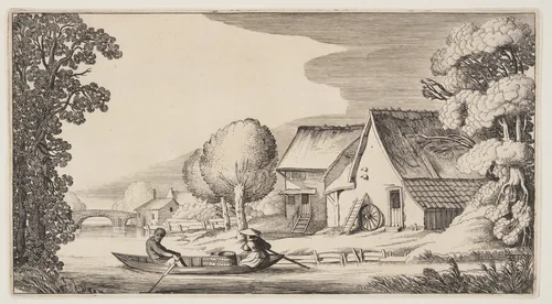 Farmer and Woman Farmer in a Row-Boat, from Landscapes (Playsante Lantschappen) by Claes Jansz. Visscher II, print, 1641
