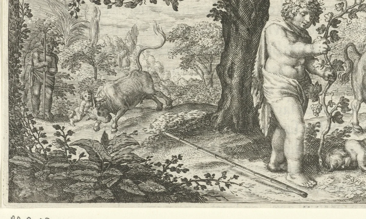 Bacchus en Ampelus by Jacob Matham, print, 1616