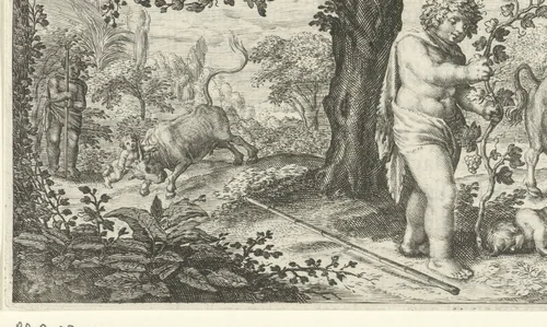 Bacchus en Ampelus by Jacob Matham, print, 1616