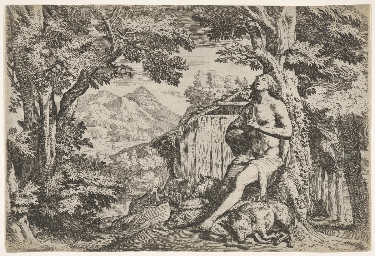 The prodigal son seated at the base of a tree among swine, his gaze directed upward and his hands folded at his chest, surrounded by a wooded landscape and a pigsty by Pietro Testa, print, 1640-1650