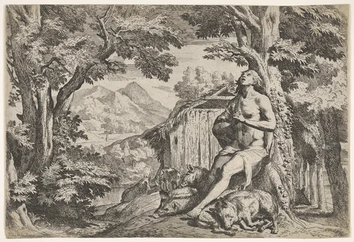 The prodigal son seated at the base of a tree among swine, his gaze directed upward and his hands folded at his chest, surrounded by a wooded landscape and a pigsty by Pietro Testa, print, 1640-1650