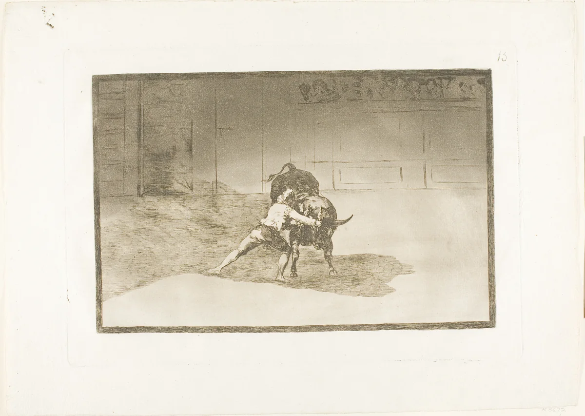 The Famous Martincho Places the Banderillas, Playing the Bull with the Movement of his Body, plate 15 from The Art of Bullfighting by Francisco José de Goya, print, 1814-1816