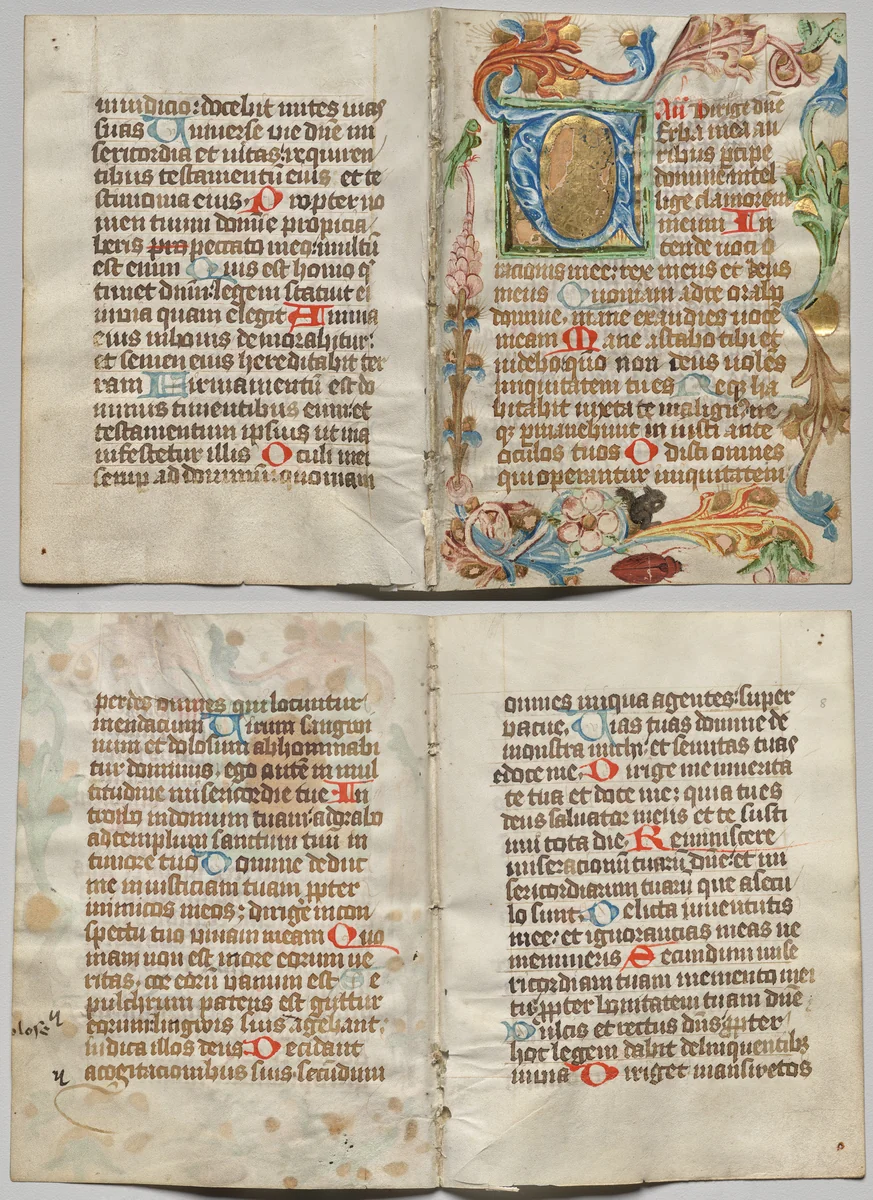 Bifolio from a Book of Hours: Initial V with Floral Border (recto); Text (verso) by Unknown, manuscript, 1455-1505