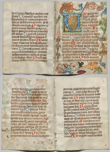 Bifolio from a Book of Hours: Initial V with Floral Border (recto); Text (verso) by Unknown, manuscript, 1455-1505