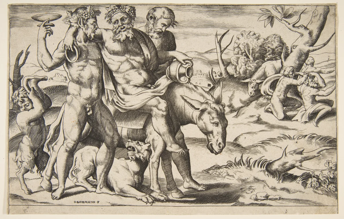 A drunken Silenus riding an ass being supported by satyrs by Giulio Bonasone, print, 1531-1576