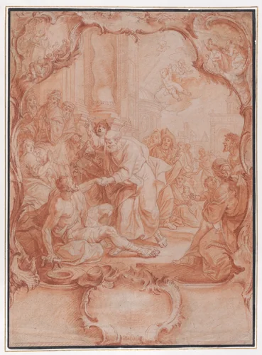 Scene with Saint Peter Healing the Lame in a Rocaille Cartouche by Johann Lorenz Haid, drawing, 1720-1730