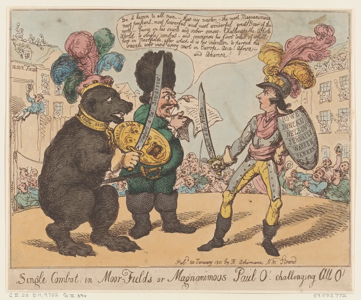 Single Combat in Moor-Fields or Magnamimous Paul O' challenging All O' by Thomas Rowlandson, print, 1801