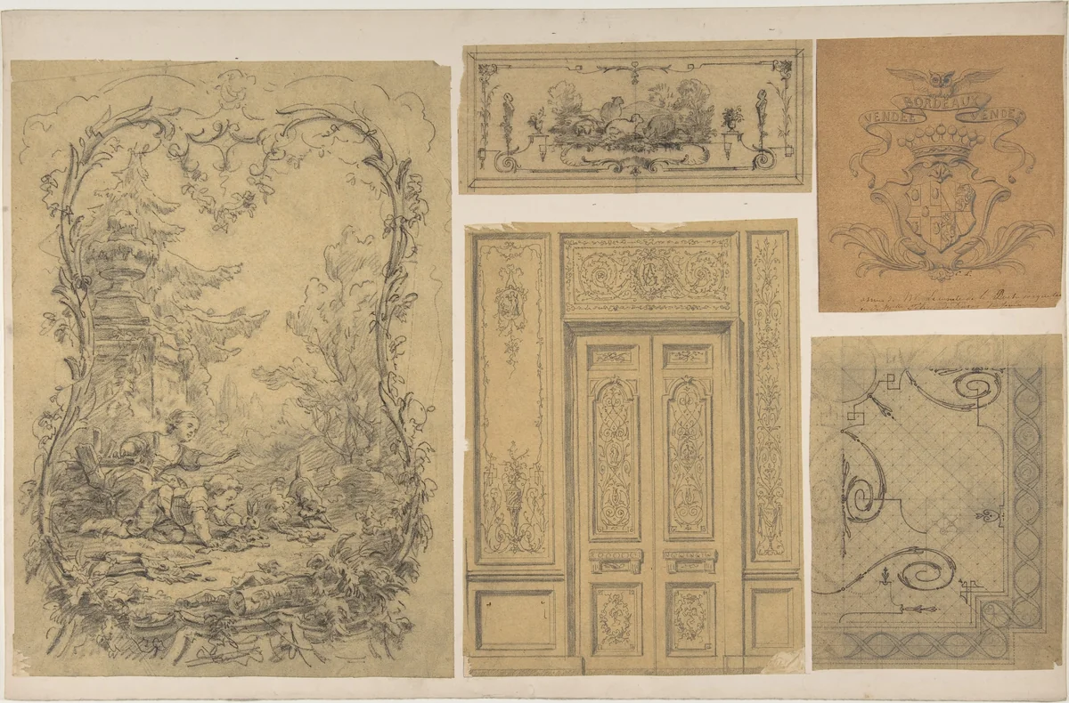 Five Miscellaneous Designs for the de la Rochejaquelein Family by Eugène-Pierre Gourdet, drawing, 1850-1900