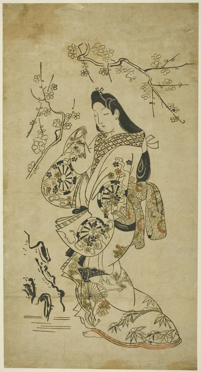 A Young Woman Walking near a Plum Tree by Artist Unknown, print, 1683-1693