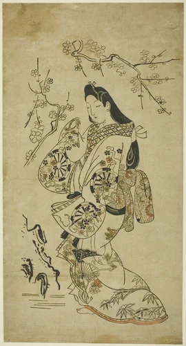 A Young Woman Walking near a Plum Tree by Artist Unknown, print, 1683-1693