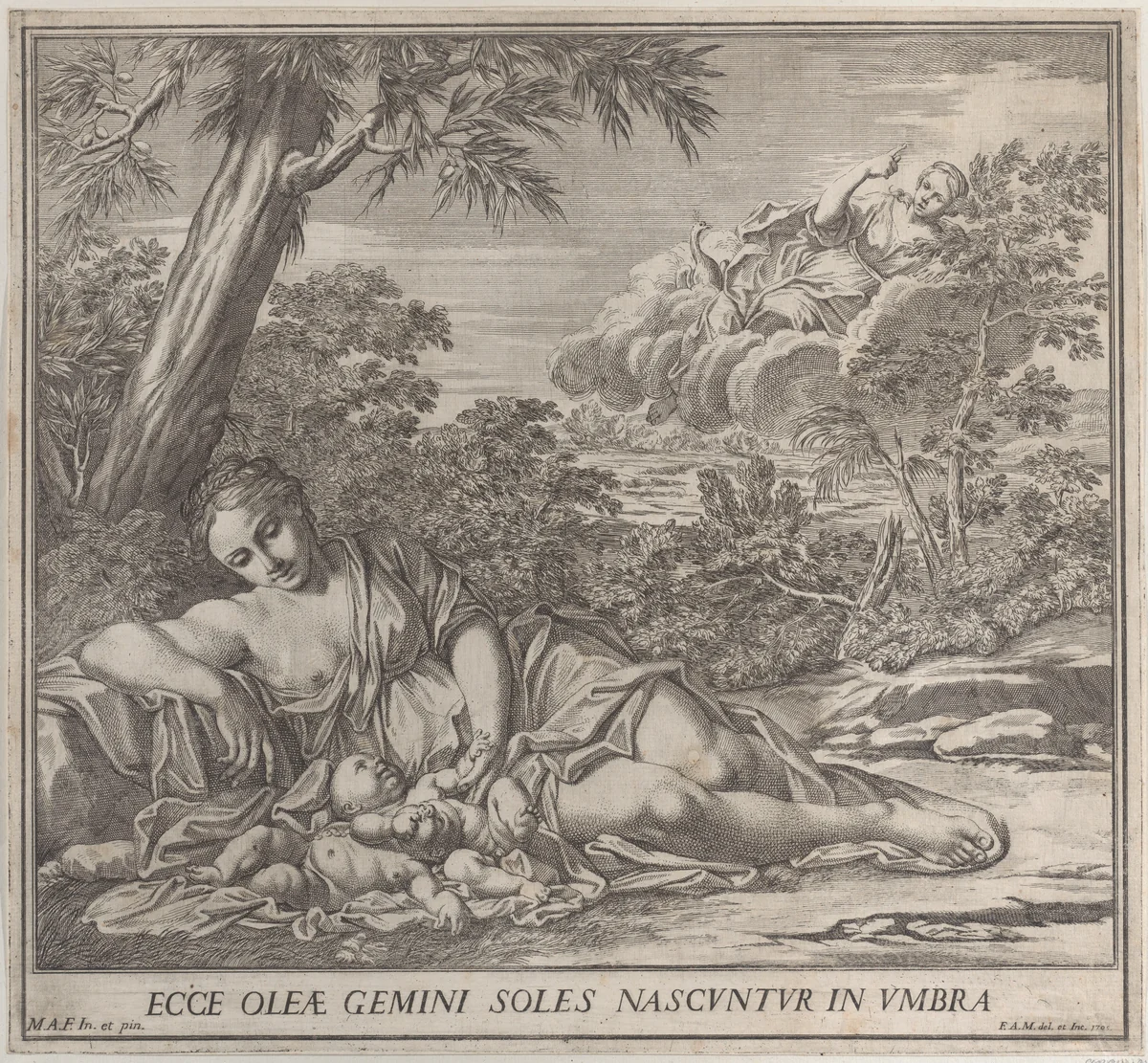 Latona and her sleeping twins, Apollo and Diana, within a landscape by Francesco Antonio Meloni, print, 1705