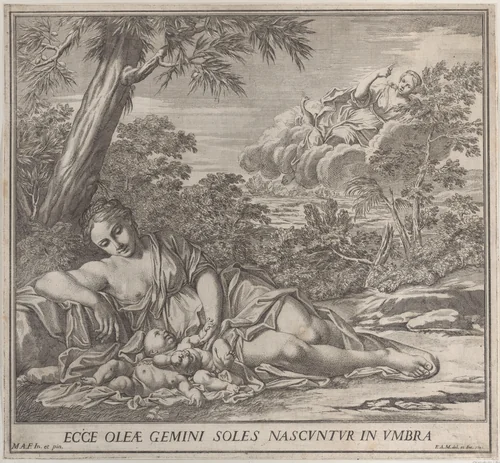 Latona and her sleeping twins, Apollo and Diana, within a landscape by Francesco Antonio Meloni, print, 1705