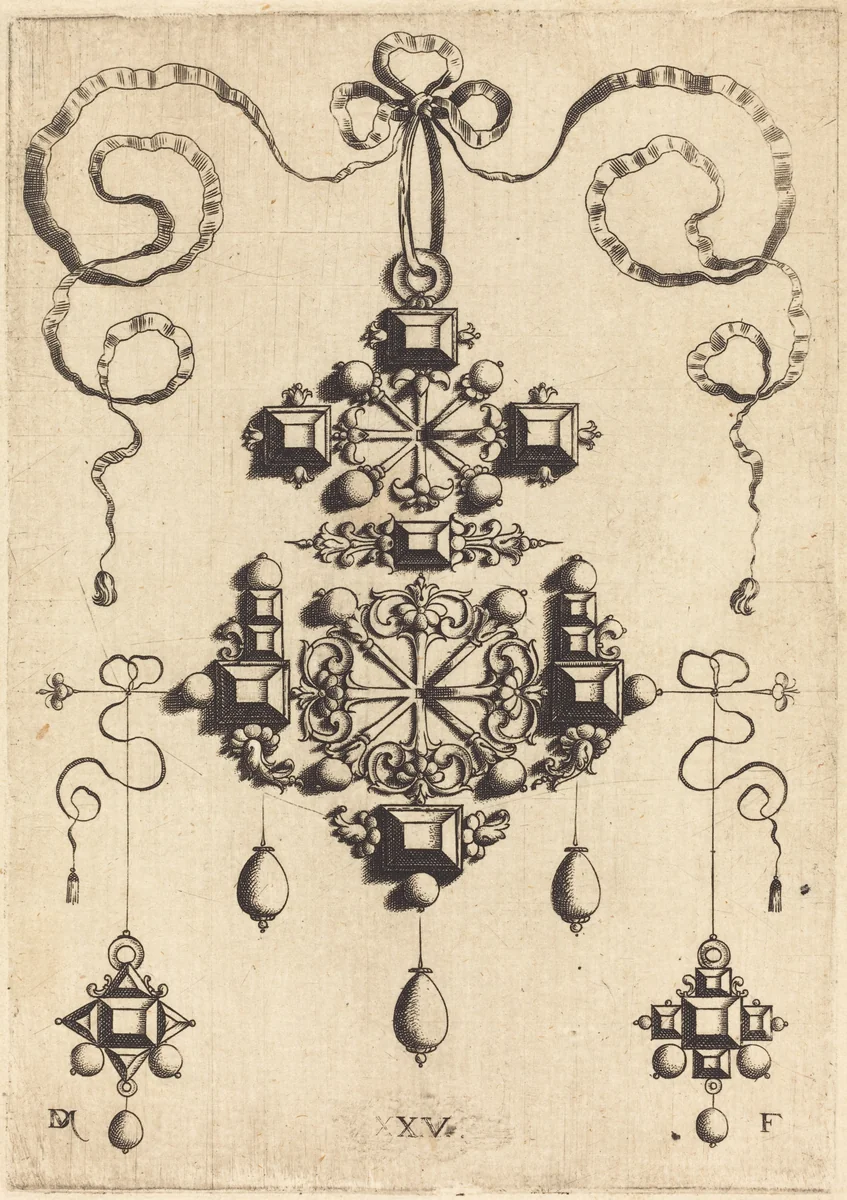 Pendant with Two Double Crosses, Surrounded by Four Diamond-Shaped Stones, Five Table-Stones, and Thirteen Pearls by Daniel Mignot, print, 1516-1653