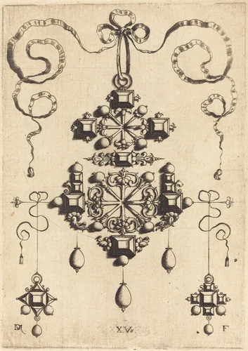 Pendant with Two Double Crosses, Surrounded by Four Diamond-Shaped Stones, Five Table-Stones, and Thirteen Pearls by Daniel Mignot, print, 1516-1653