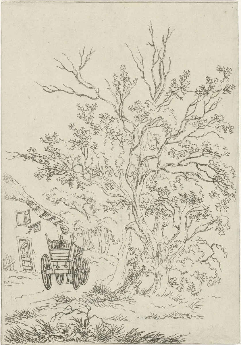 Landschap met boerenwagen bij herberg by Hermanus Fock, print, 1781-1822