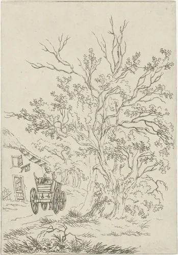 Landschap met boerenwagen bij herberg by Hermanus Fock, print, 1781-1822