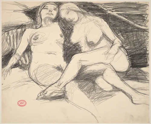 Untitled [two reclining female nudes with a striped pillow] by Richard Diebenkorn, drawing, 1955-1967