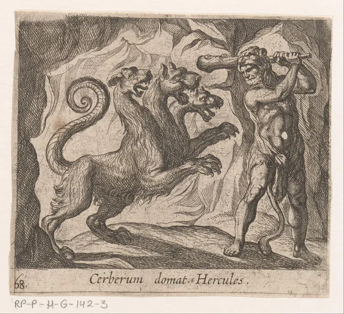 Hercules en Cerberus by Antonio Tempesta, print, 1606-1638