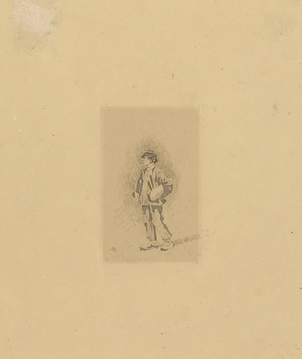Lopende jongen naar links, een fles in de rechterarm, een brood (?) onder de linker by Jean Louis Ernest Meissonier, drawing, 1825-1891