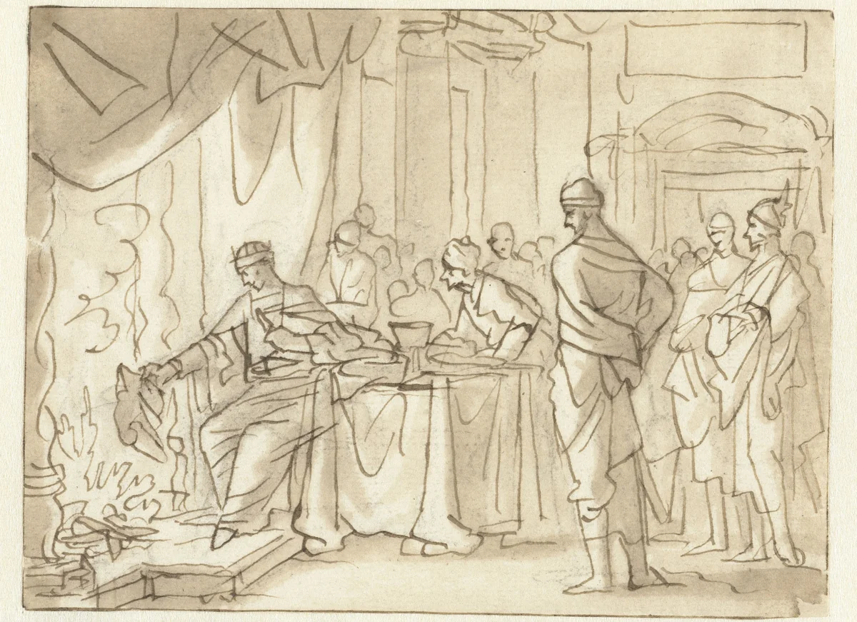 Jojakim verbrandt een boekrol by Jan Luyken, drawing, 1710-1712