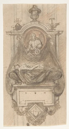 Design for a sepulchral monument with a portrait bust by Hendrik-Frans Verbruggen, drawing, 1673