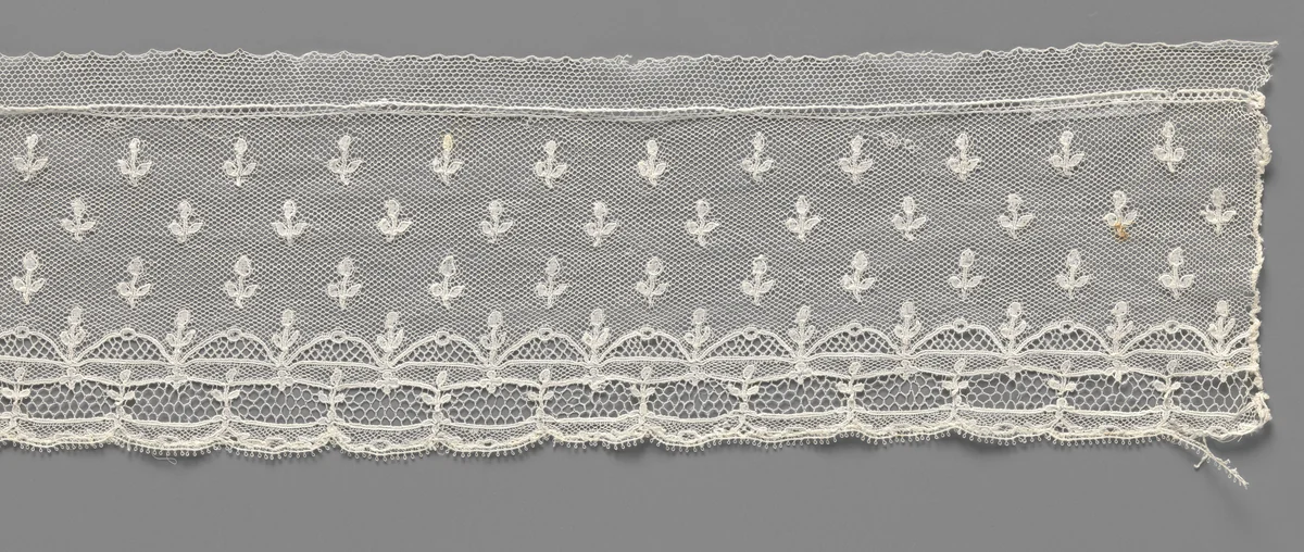 Strook kloskant met vijf rijen druppelvormige bloempjes op recht steeltje met twee blaadjes en onderaan overlappend met sierrand met boogjes by anonymous, other, 1785-1799