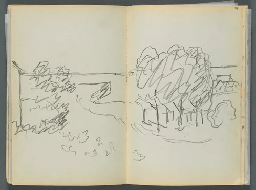 Sketchbook- The Granite Shore Hotel, Rockport, page 072 & 73: Town View by Maurice Prendergast, book, 1905-1910
