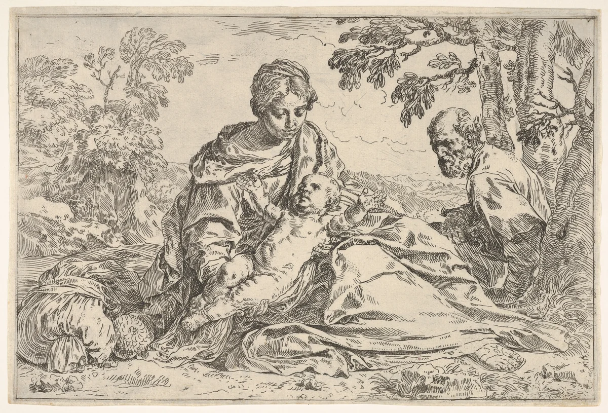 Rest on the flight into Egypt, Mary holding the infant Christ with St. Joseph at right, copy after Cantarini by Simone Cantarini, print, 1625-1648
