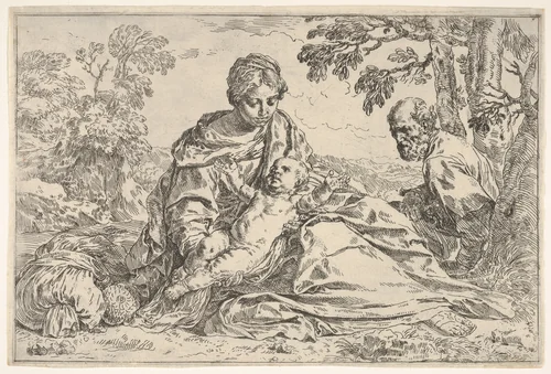 Rest on the flight into Egypt, Mary holding the infant Christ with St. Joseph at right, copy after Cantarini by Simone Cantarini, print, 1625-1648