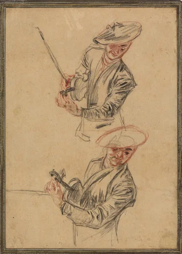 Two Studies of a Violinist Tuning His Instrument by Antoine Watteau, drawing, 1717-1718
