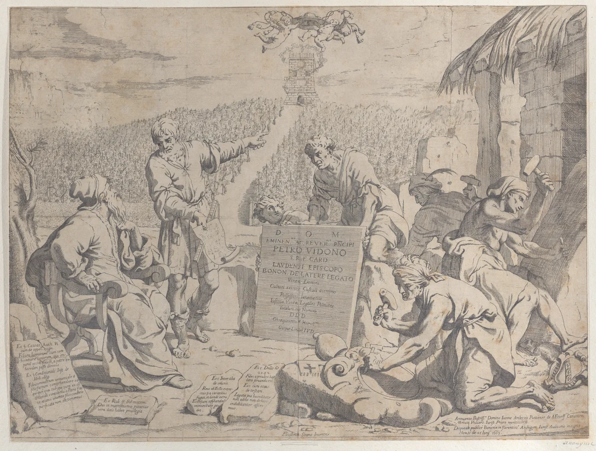 Stonemasons carving the arms of the Bolognese Cardinal Petro Vidono, under his direction by anonymous, print, 1663