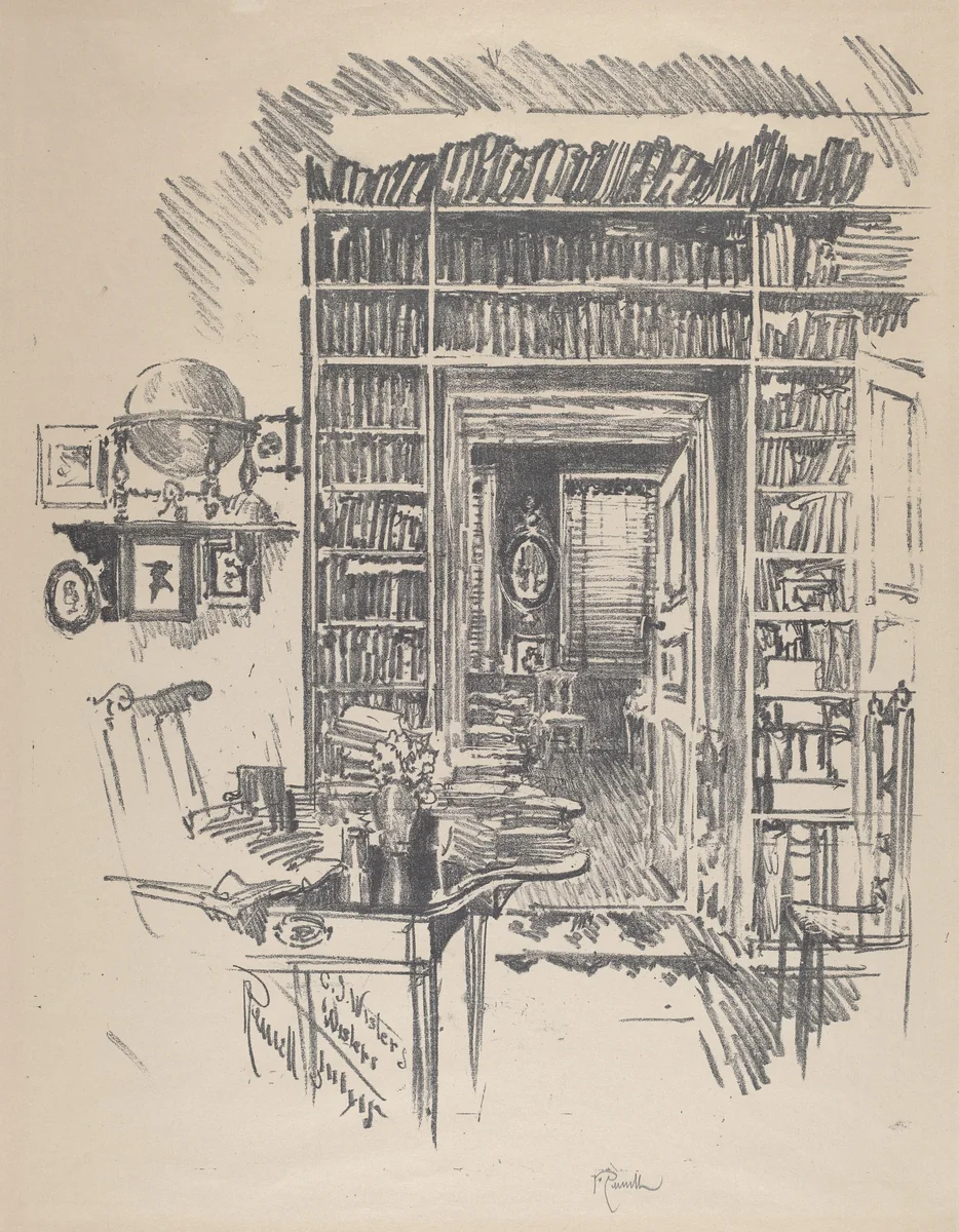 Book-Room at Dr. Wister's by Joseph Pennell, print, 1912