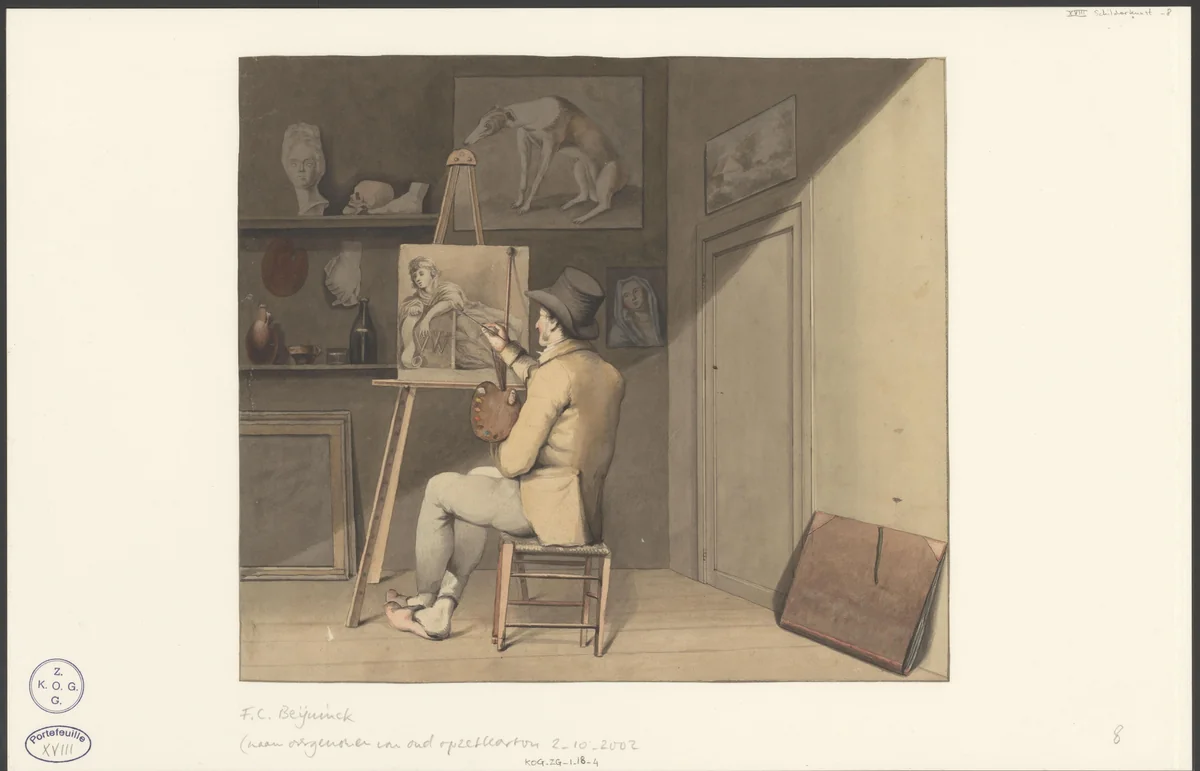 Schilder in zijn atelier by Teunis Christoffel Beynink, drawing, 1800-1899