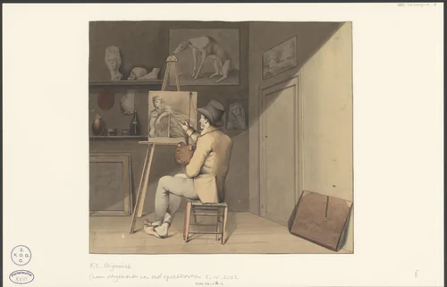 Schilder in zijn atelier by Teunis Christoffel Beynink, drawing, 1800-1899