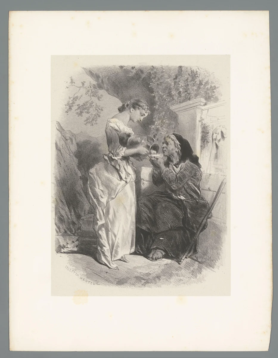 Vrouw schenkt oudere vrouw drinken of voedsel in een kom by Célestin François Nanteuil, print, 1823-1873
