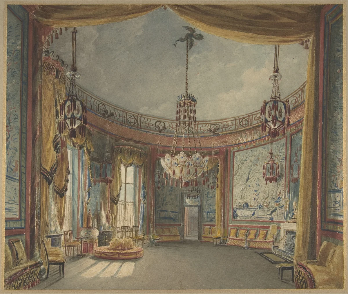 The Saloon, Brighton Pavilion by Auguste Charles Pugin, drawing, 1821-1831