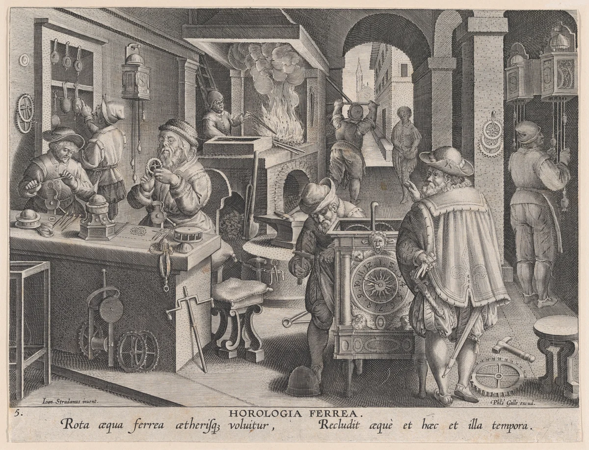 New Inventions of Modern Times [Nova Reperta], The Invention of Clockwork, plate 5 by Theodoor Galle, print, 1595-1605