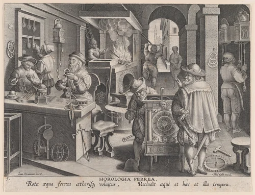 New Inventions of Modern Times [Nova Reperta], The Invention of Clockwork, plate 5 by Theodoor Galle, print, 1595-1605