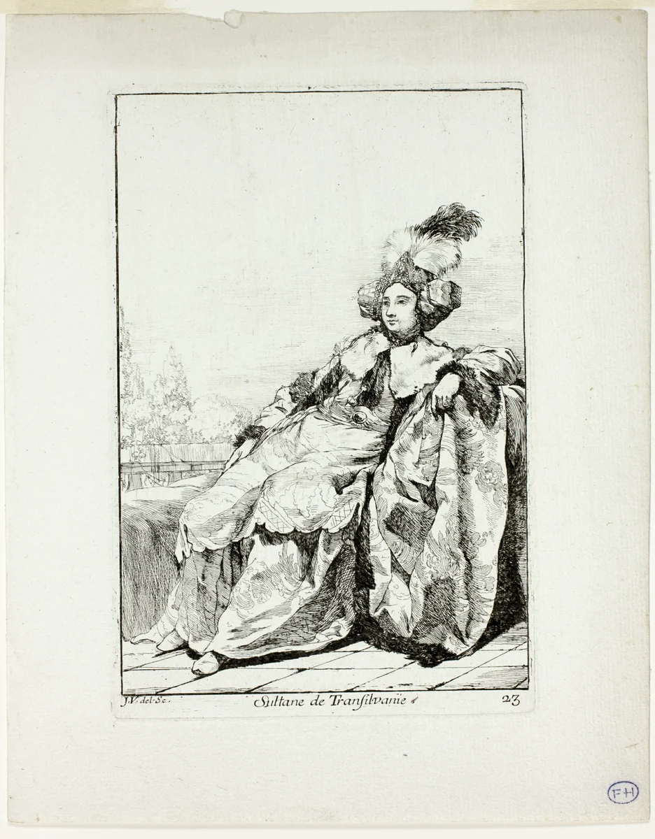 Sultane de Transilvanie, plate 23 from Caravanne du Sultan à la Mecque by Joseph-Marie Vien, print, 1748