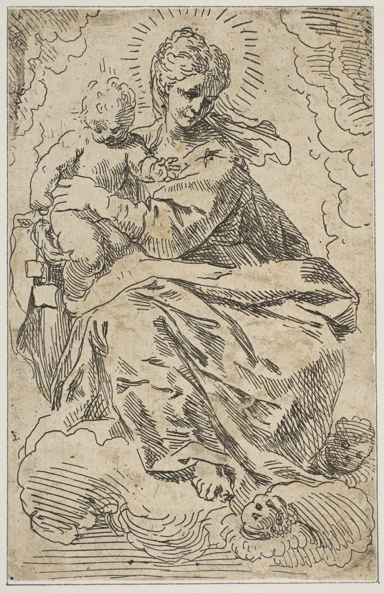 Madonna and child on clouds by Simone Cantarini, print, 1600-1699