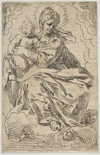 Madonna and child on clouds by Simone Cantarini, print, 1600-1699