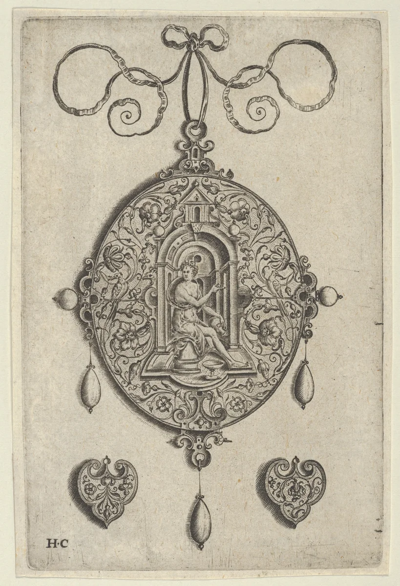 Oval-Shaped Pendant Design with Hebe Seated under a Niche by Jan Collaert, print, 1530-1573