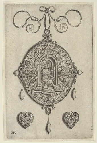 Oval-Shaped Pendant Design with Hebe Seated under a Niche by Jan Collaert, print, 1530-1573