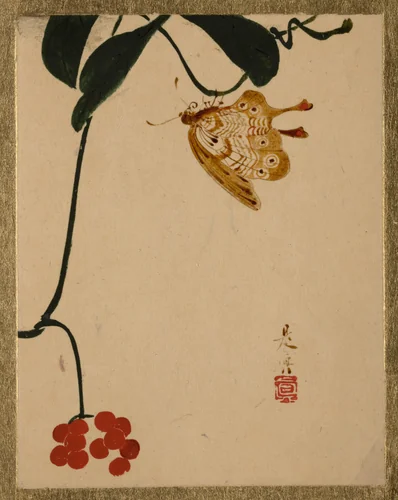 Red Berry Plant and Butterfly by Shibata Zeshin (柴田是真), painting, 1807-1868